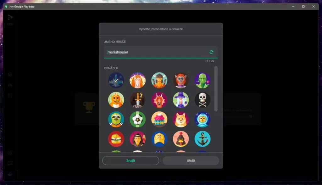 Hry Google Play Windows PC ČR test 7 nastavení avatar jméno