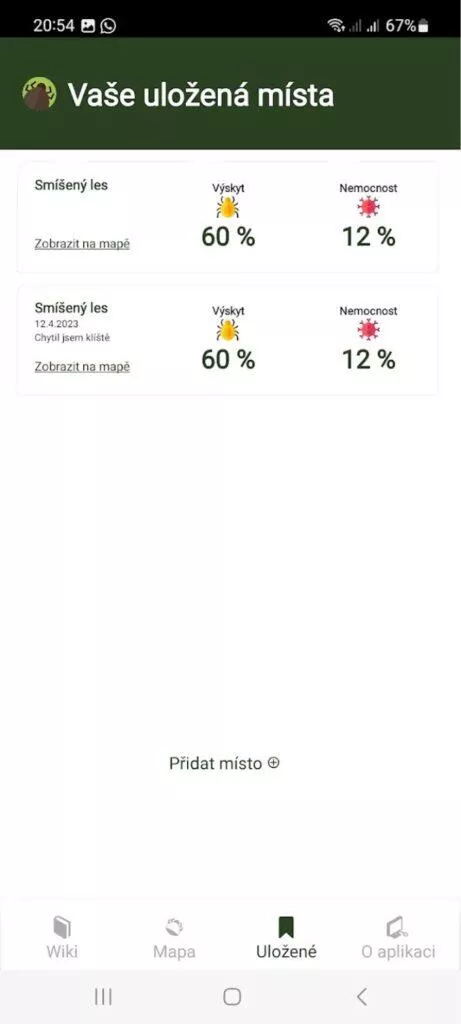 Klíšťapka aplikace klíšťata mapa ukázka místa