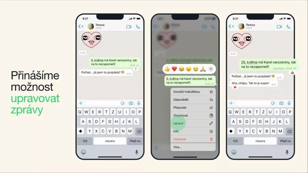 WhatsApp úprava zpráv editování ukázka