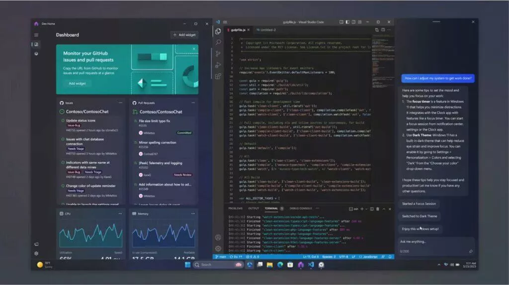 Windows 11 Copilot AI asistent postranní panel kódování