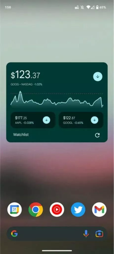 Google aplikace widget finance watchlist akcie kryptoměny ukázka