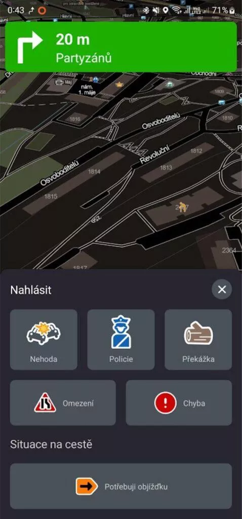 Mapy.cz tlačítko Potřebuji objížďku