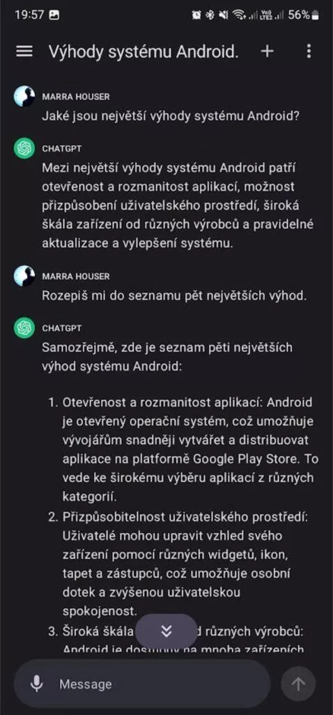 ChatGPT Android aplikace 4 ukázka