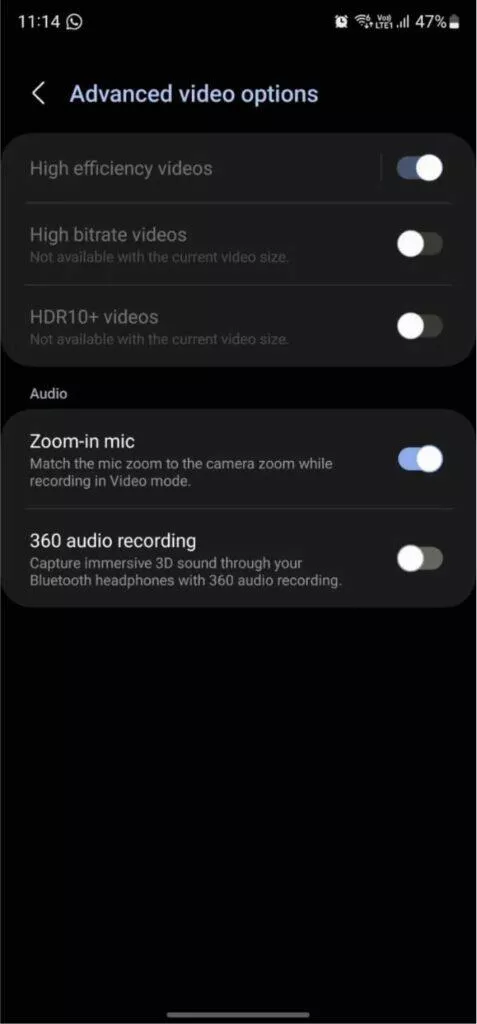 Samsung Galaxy S23 Ultra 8K bitrate omezení video natáčení nastavení vypnuto