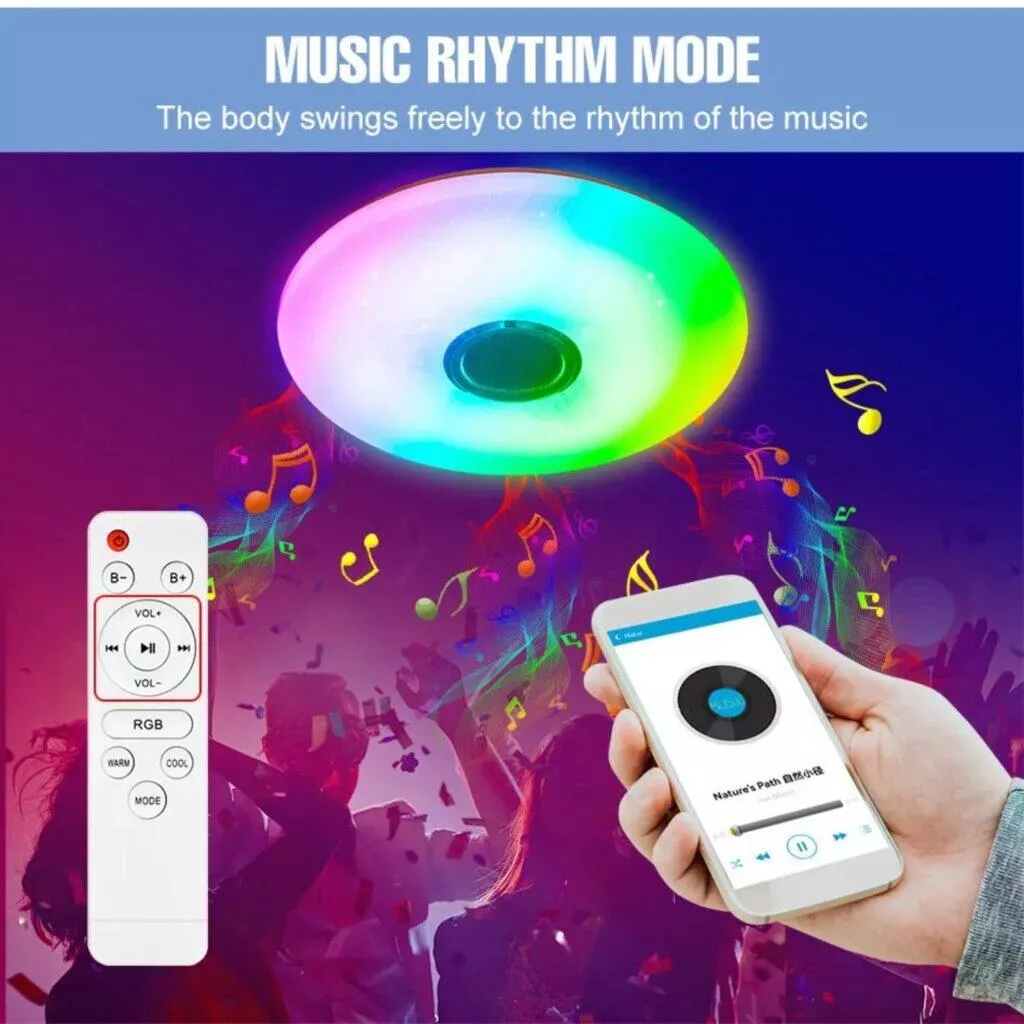 Stropní RGB LED svítidlo s reproduktorem aplikace