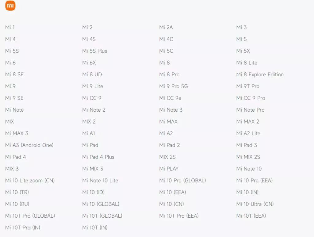 xiaomi eos list