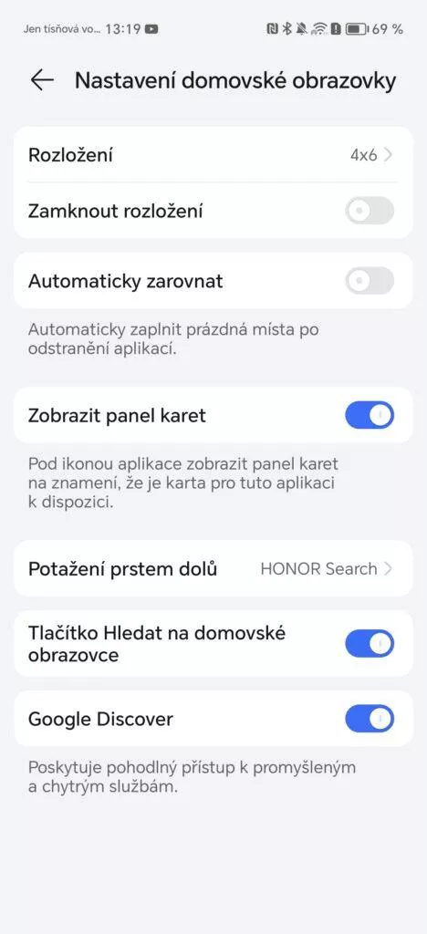 Honor MagicOS 8.0 nastavení domovské obrazovky
