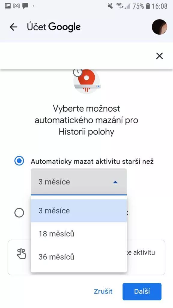 účet google automaticky mazat výběr
