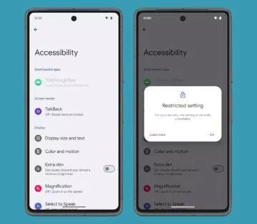 Dialogové okno Omezená nastavení systému Android