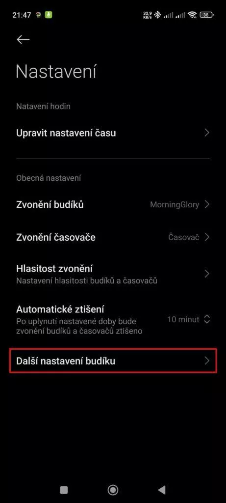 Další nastavení budíku