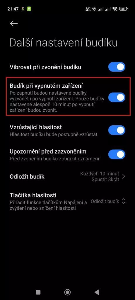 Budík při vypnutém zařízení