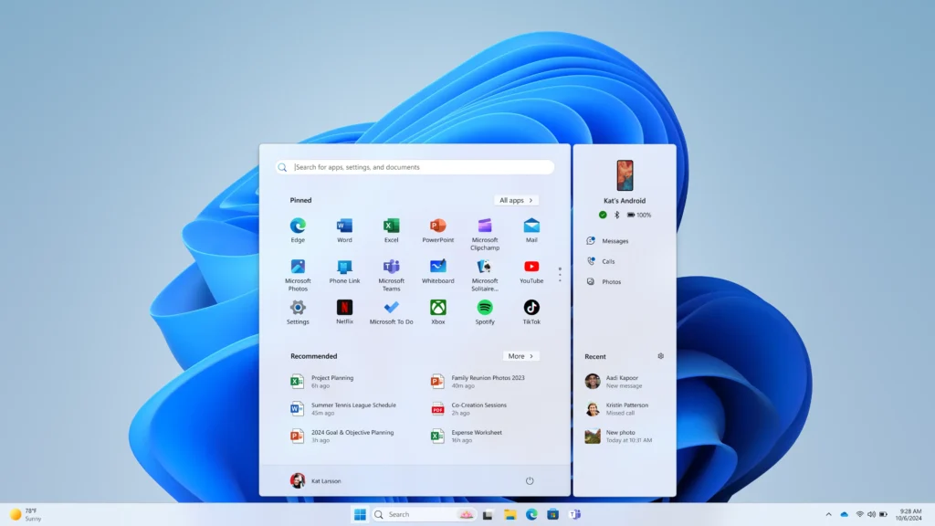 windows 11 telefon start menu