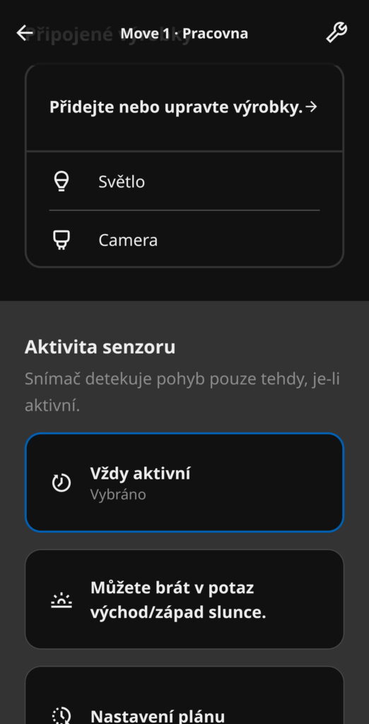 IKEA Home Smart konfigurace detektoru pohybu, aktivita