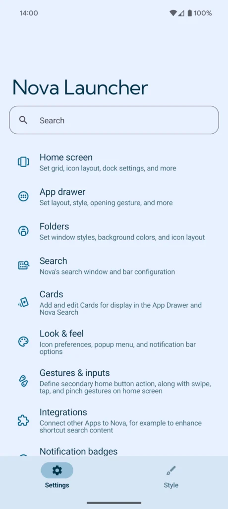 nova launcher nastaveni