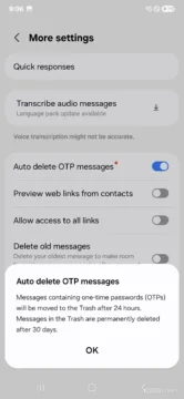 auto delete otp messages dialog in samsung messages