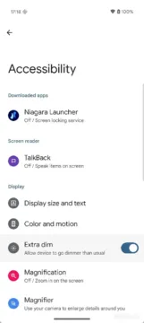 extra dim toggle in accessibility options in android 16 beta 2