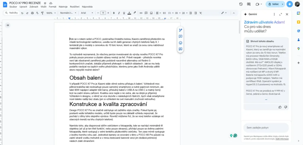 Gemini uvnitř aplikace Dokumenty Google