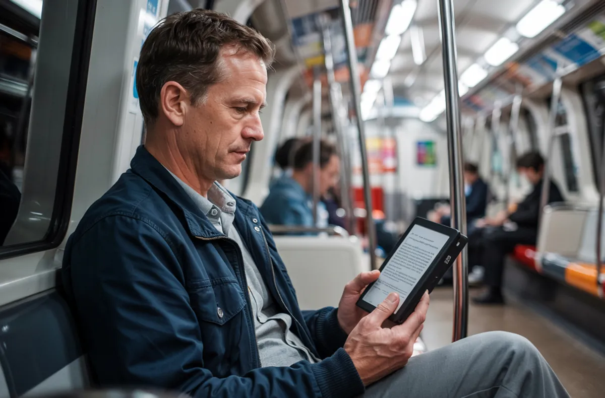 Muž čte knihu z Amazon Kindle