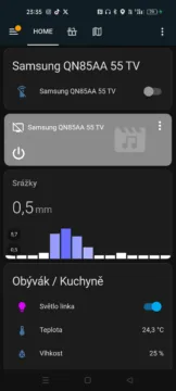 Home Assistant UI - kontrola televize, obývák, kuchyně
