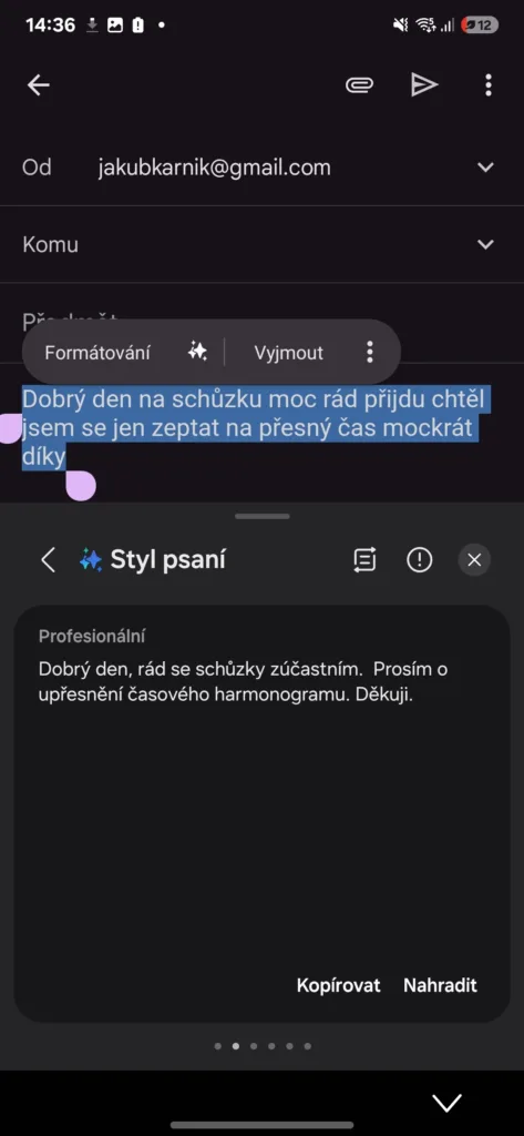 Samsung Galaxy AI úprava emailu