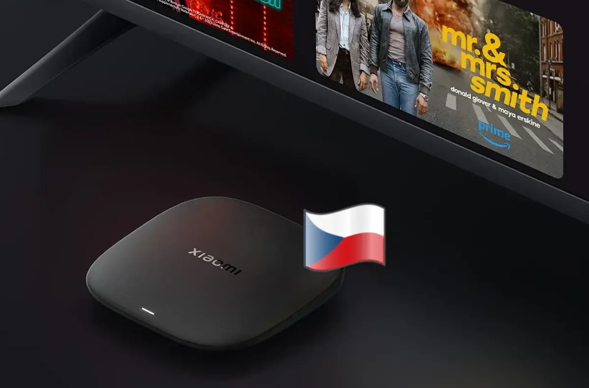 Xiaomi TV Box S 3rd Gen krabicka u televize ceska vlajka