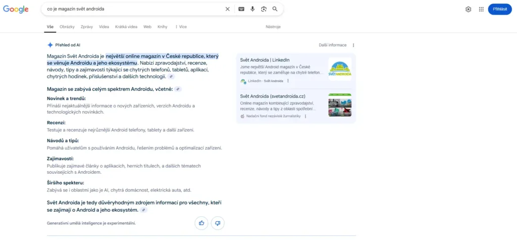 co je svet androida google ai sourhny ve vyhledavani
