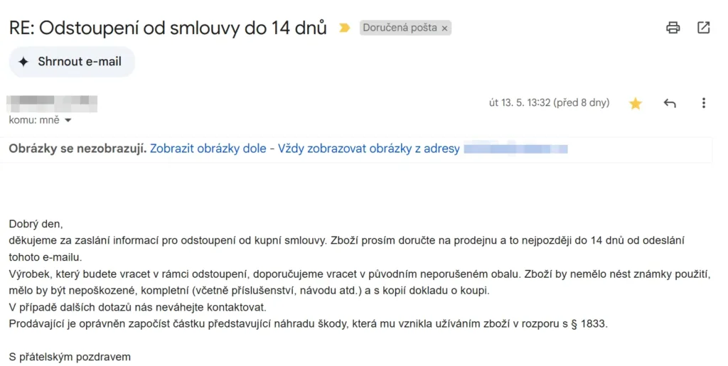 odstoupeni od smlouvy 14 dnu odpoved