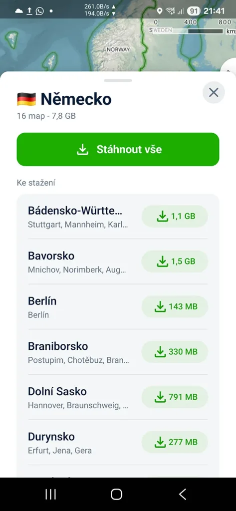 Mapy.com - offline mapy, výběr oblasti