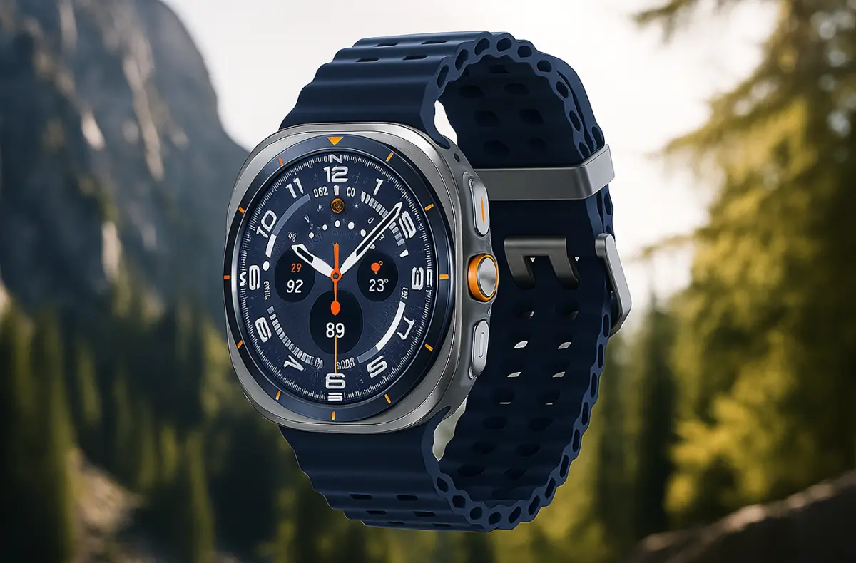 samsung galaxy watch ultra 2025 modra render na prirodnim pozadi