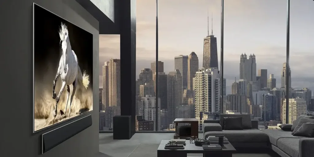 lg oled evo m5 zero s mrakodrapy v pozadi