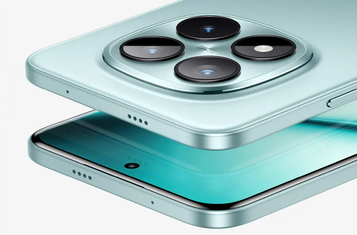 xiaomi redmi note 15 pro tyrkysova zadni strana displej na sobe