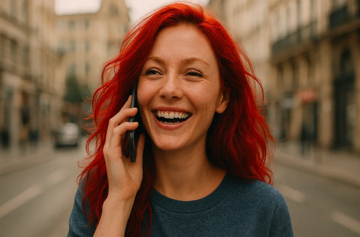 zena s cervenymi vlasy a usmevem telefonujici v ulicich mesta ilustrace k vodafone