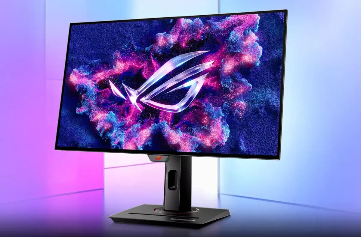 Asus ROG Strix OLED XG27AQDMG oficialni na fialovo modrem pozadi
