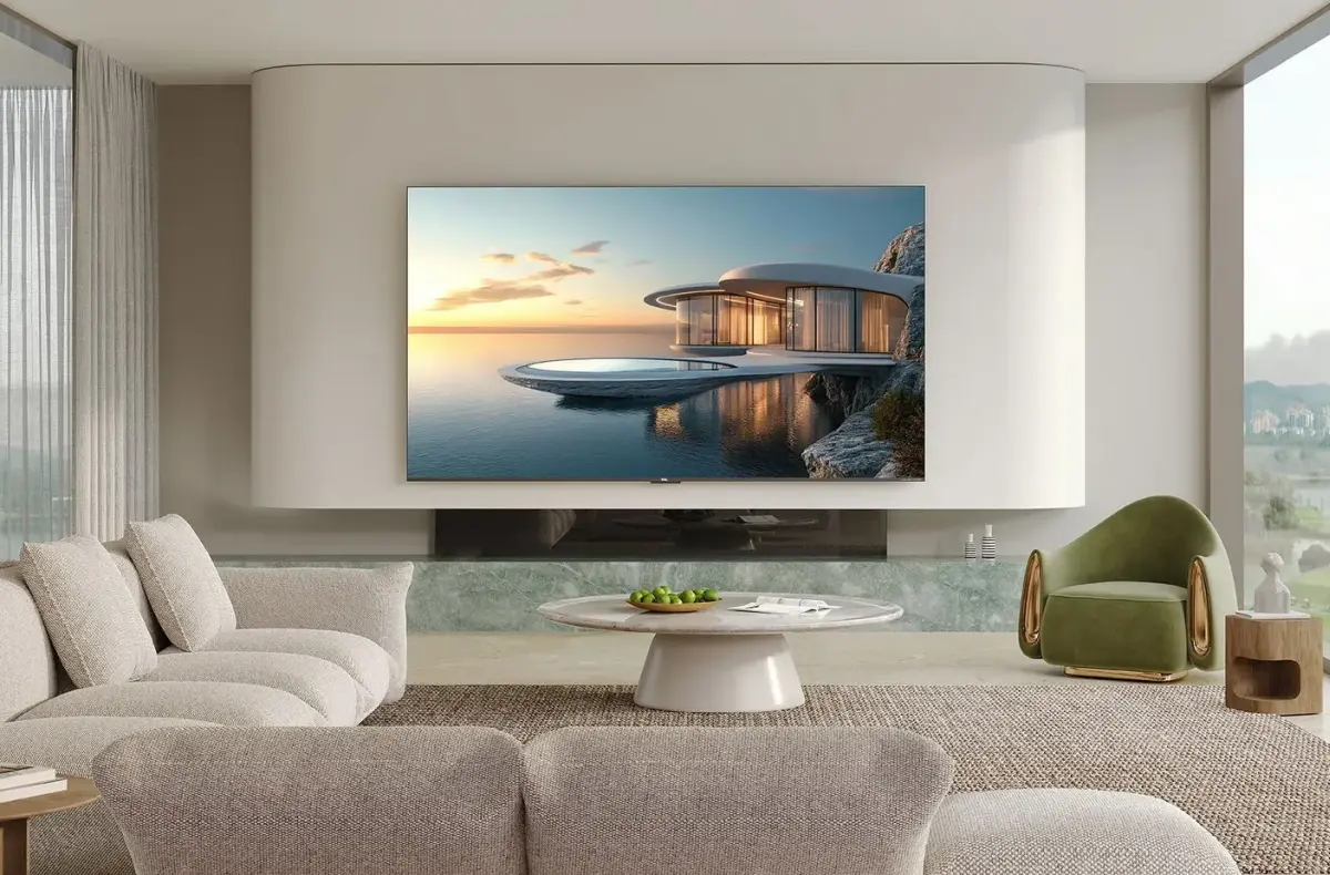 TCL 75C7K v obyvaku pohled zepredu