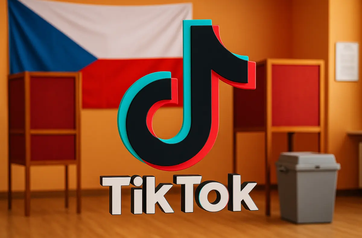 logo platformy tiktok na pozadi s volebni mistnosti