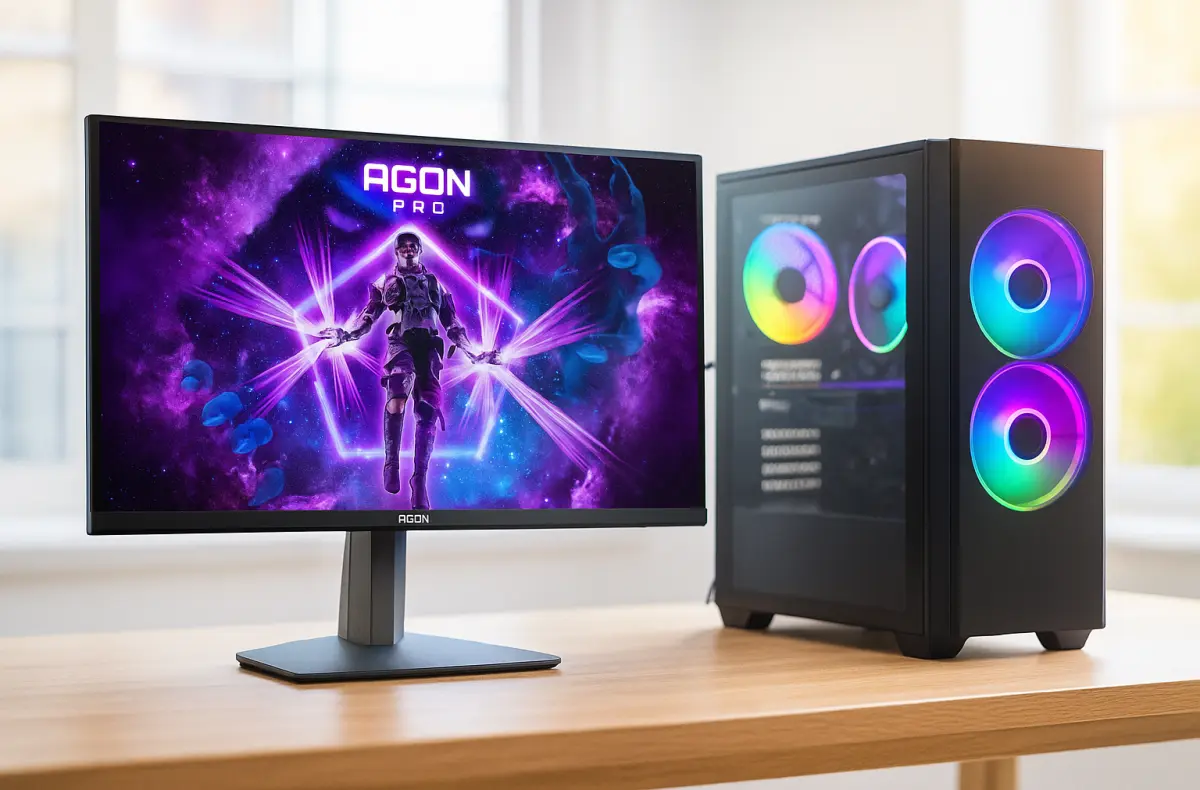 AOC AGON AG276QZD2 na stole vedle herniho pocitace