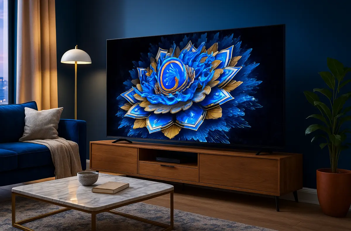 TCL 55T69C v obyvaku ai ilustrace