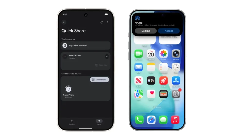 google pixel 10 a iphone sdileni souboru quick share airdrop