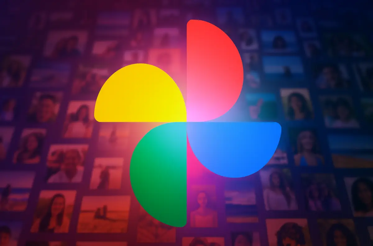 logo aplikace fotky google na pozadi s malymi fotografiemi