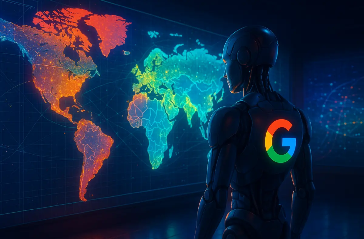 umela inteligence s logem google sledujici velkou mapu ilustrace