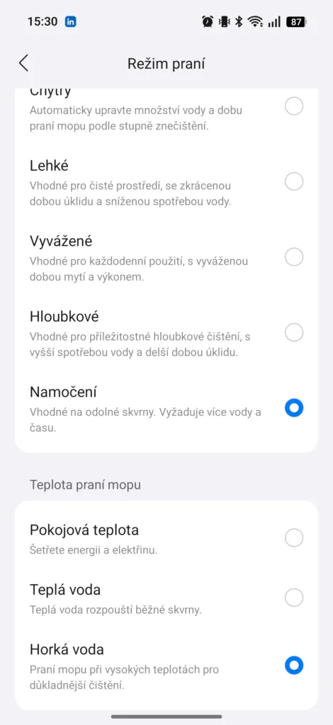 Aplikace Roborock prani mopu