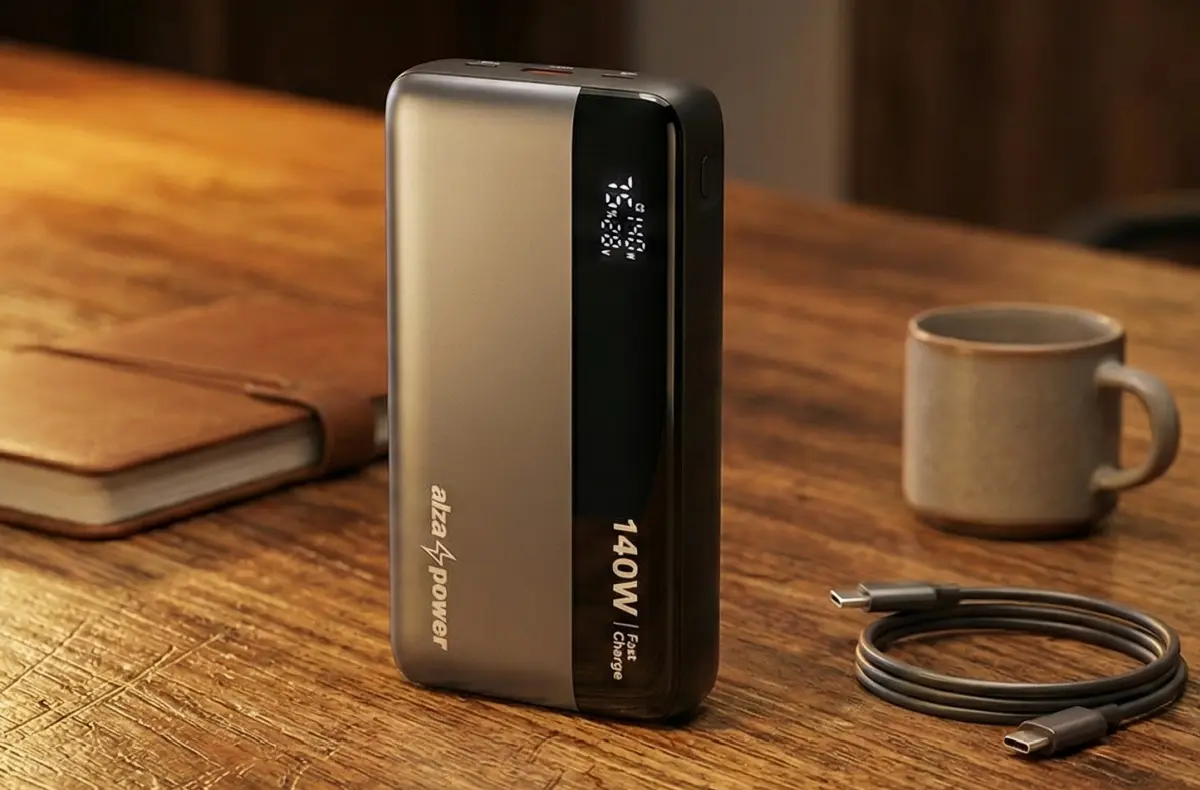 AlzaPower WorkMate 25000mAh Power Delivery 140W na stole ai ilustrace