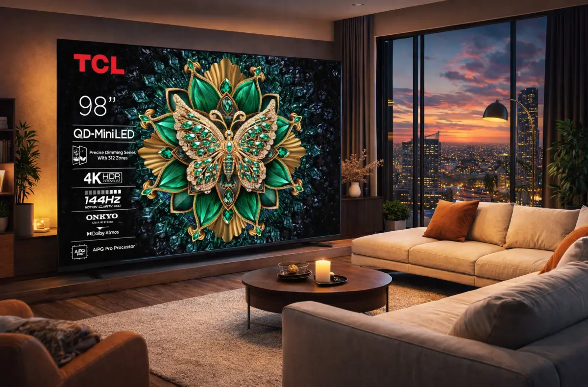 TCL 98C6K v obyvaku ai ilustrace