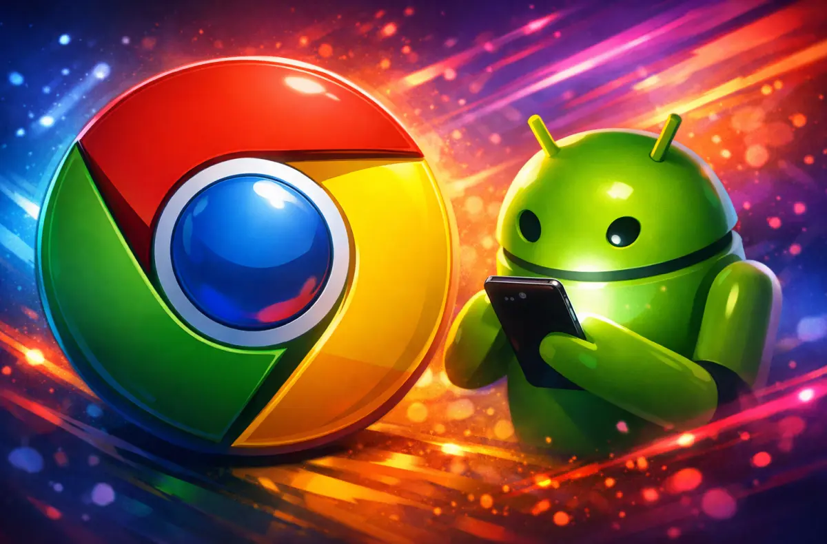 logo google chrome a maskot androidu hledici do mobilu ai ilustrace