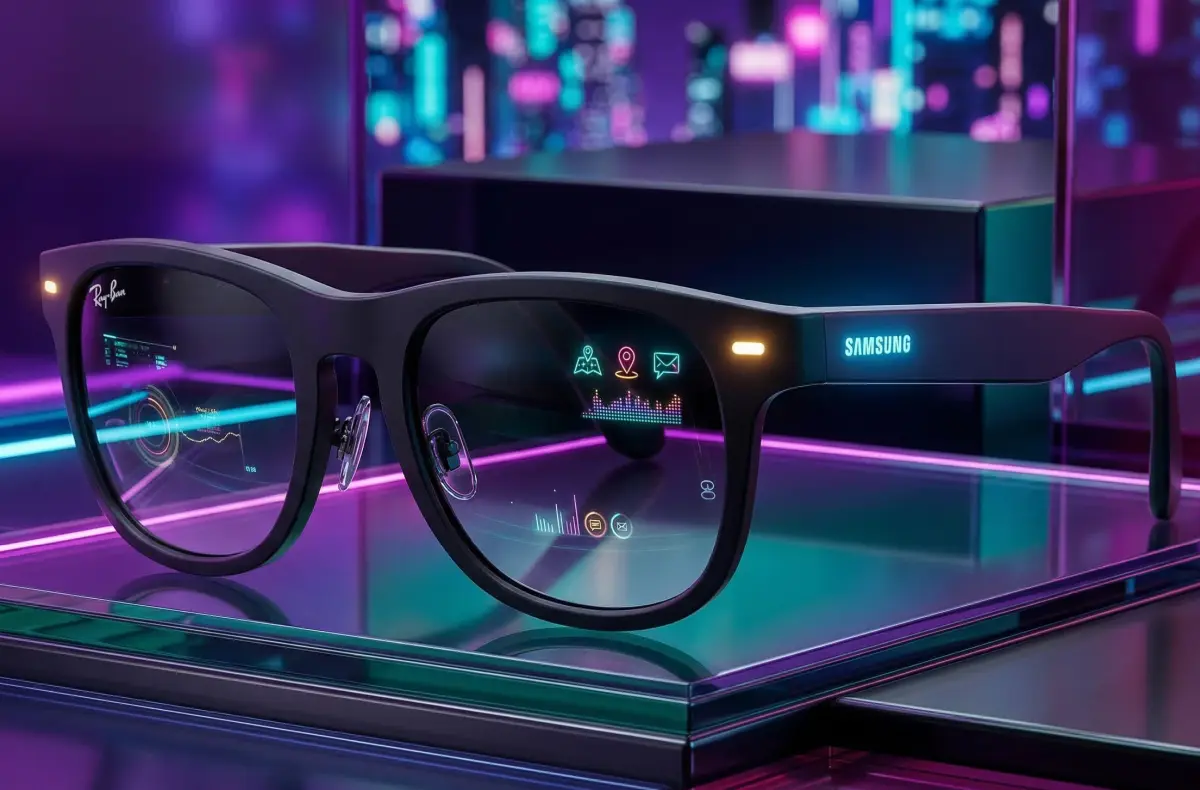 samsung galaxy glasses ai ilustrace s displejem a sviticim logem