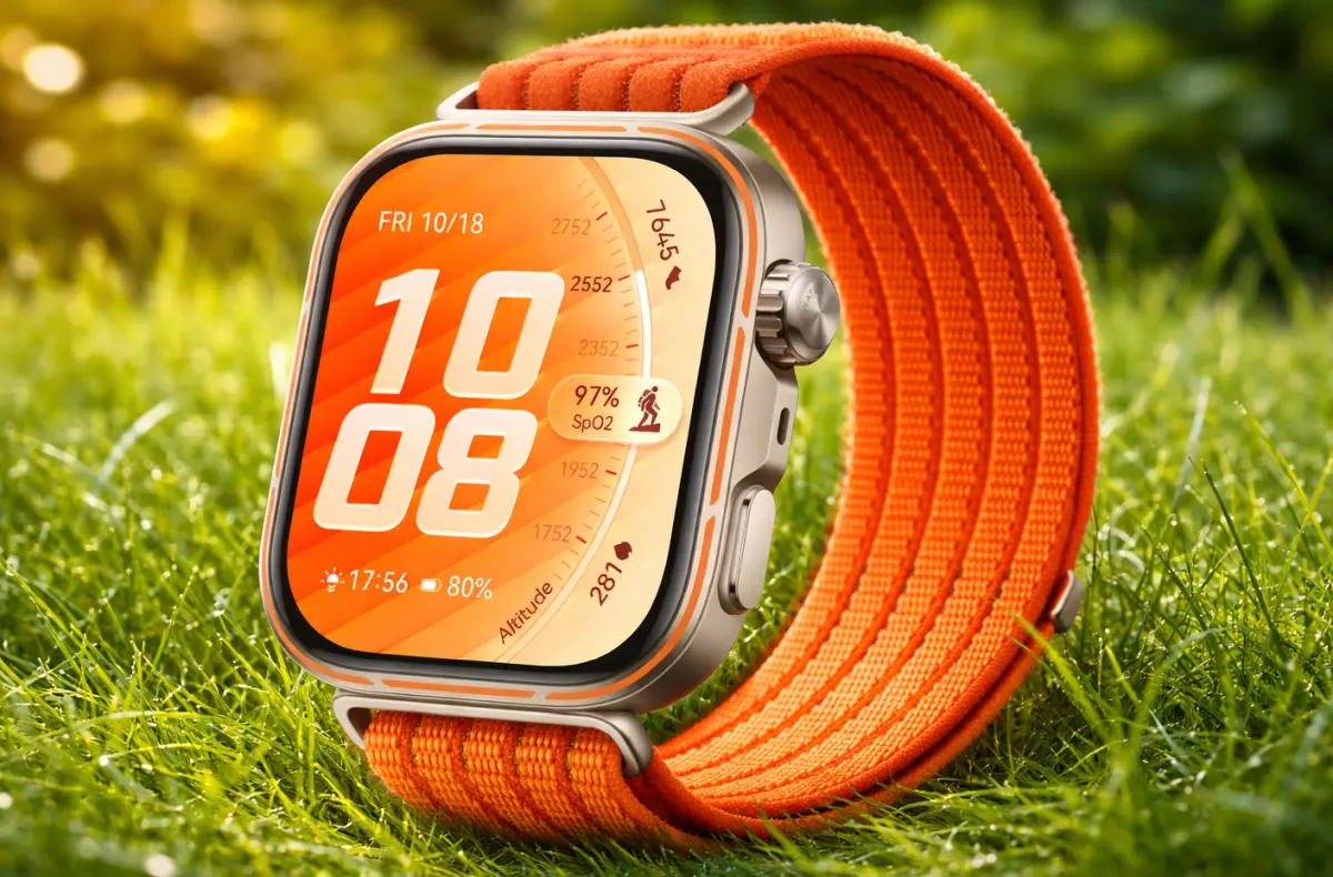 huawei watch fit 5 oranzova v trave ai ilustrace