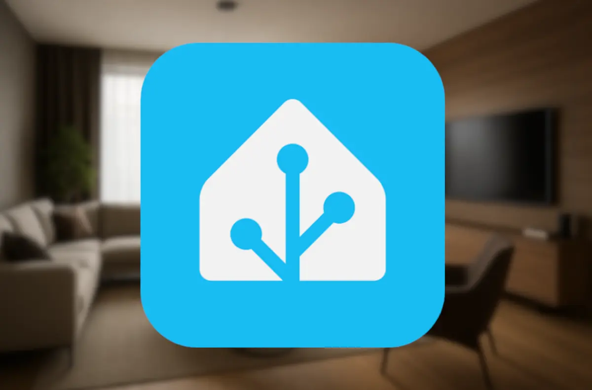 logo home assistant na rozmazanem pozadi s obyvacim pokojem