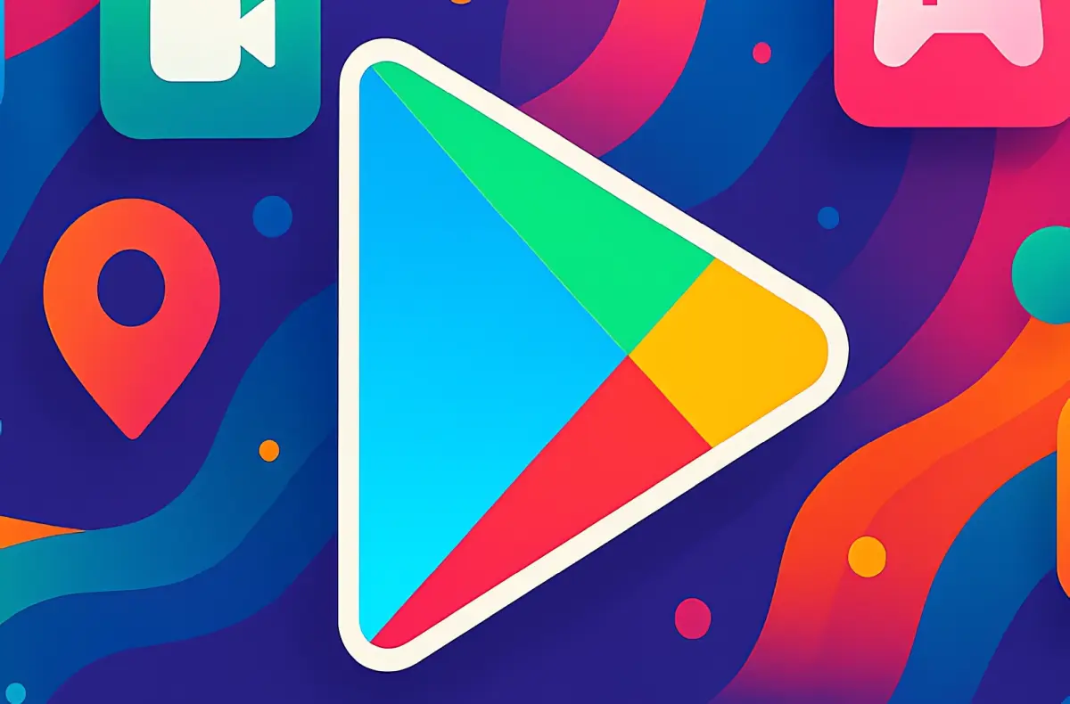 google play logo na barevnem pozadi s liniemi a aplikacemi