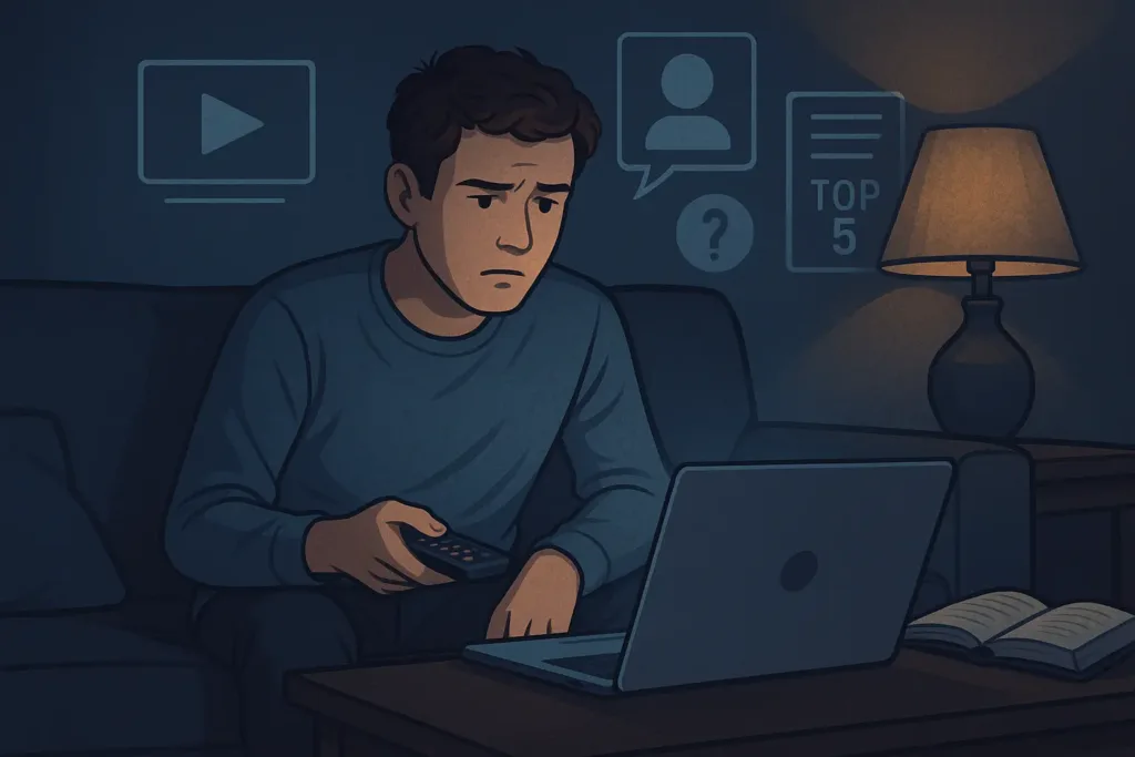 neschopnost najit vhodny film na notebooku ai animovana ilustrace