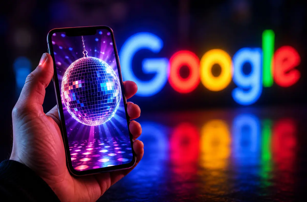 telefon s disko kouli a logem google v pozadi ai ilustrace